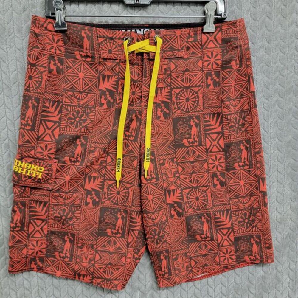 Hinano‎ Tahiti Board Shorts Mens 31 Red Swim Trunks Allover Print Surf Tribal
